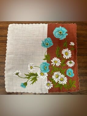 VTG MCM Floral Hankie Turquoise Roses Brown White Flowers Scalloped Edge 16” EUC